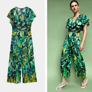 Zara Leaf Print Green Ruffle Front Jumpsuit Bloggers favorite